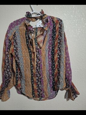 Equipment Multicolor Striped Ruffle Tie-Neck Blouse